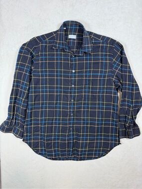 Brioni Size Large Woven Cotton Navy Plaid Shirt with Blue and Yellow Windowpane
